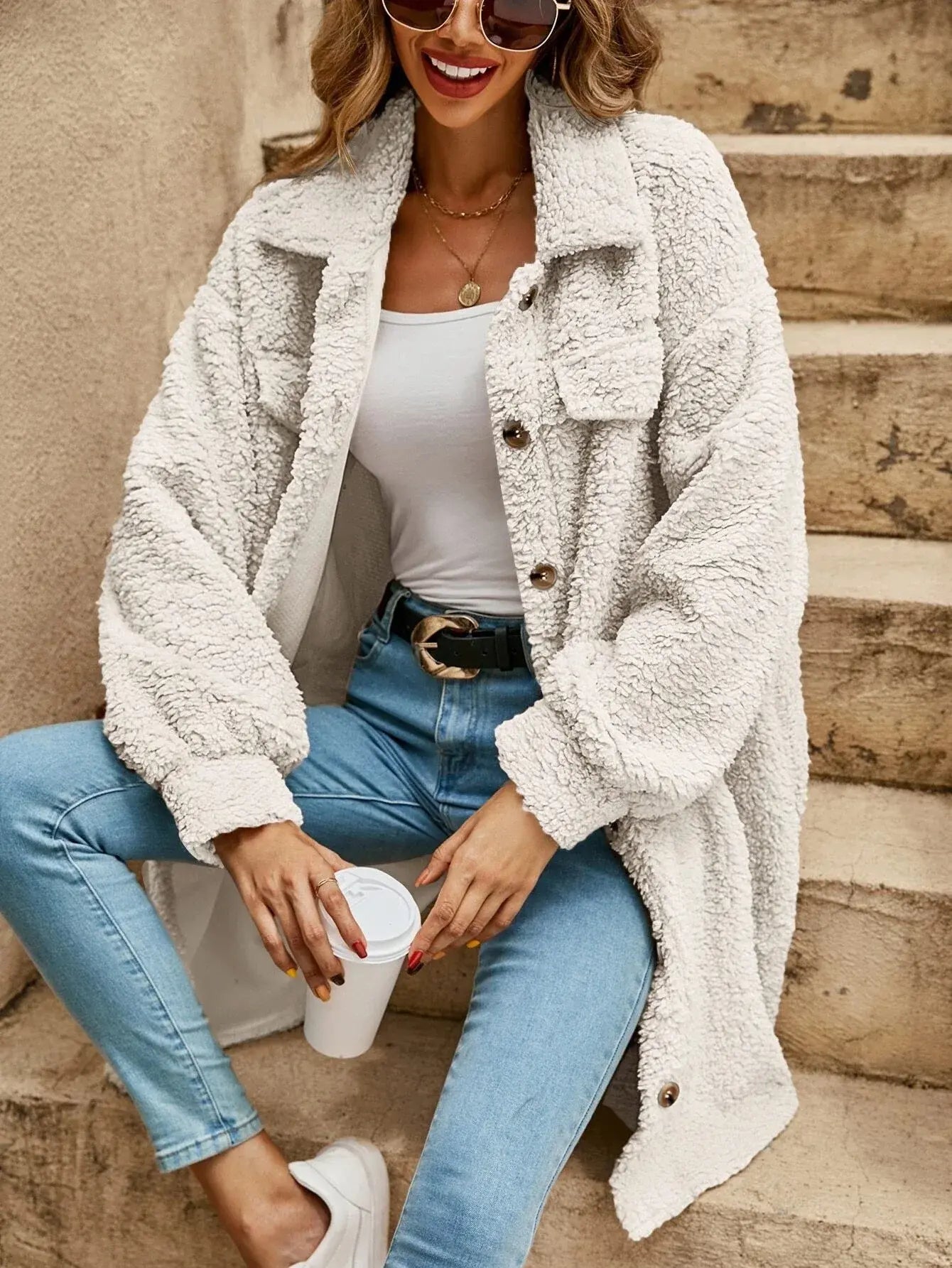 Halie | Bequeme Teddy-Jacke mit Knopfleiste & Brusttaschen