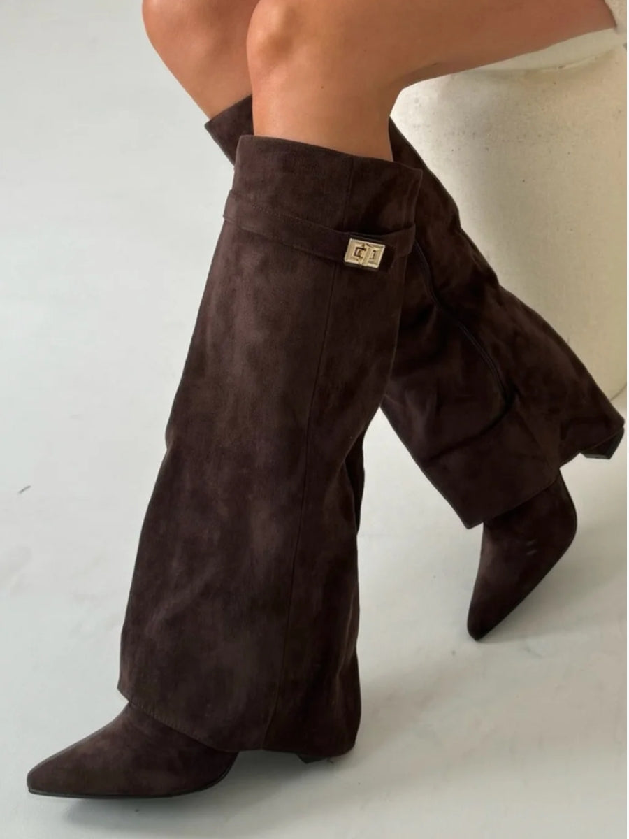 Evy | Elegante Damenstiefel aus hochwertigem Suede mit goldenen Akzenten