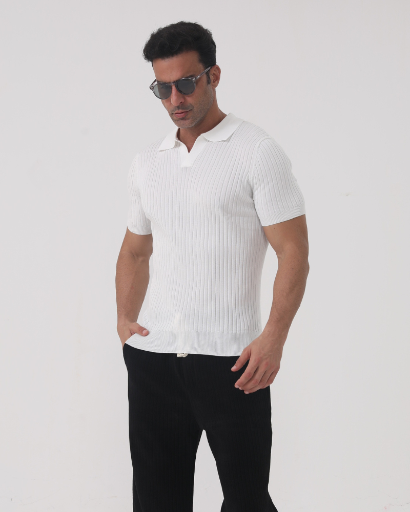 Joshua | V-Ausschnitt Rippenstrick-Poloshirt für Männer