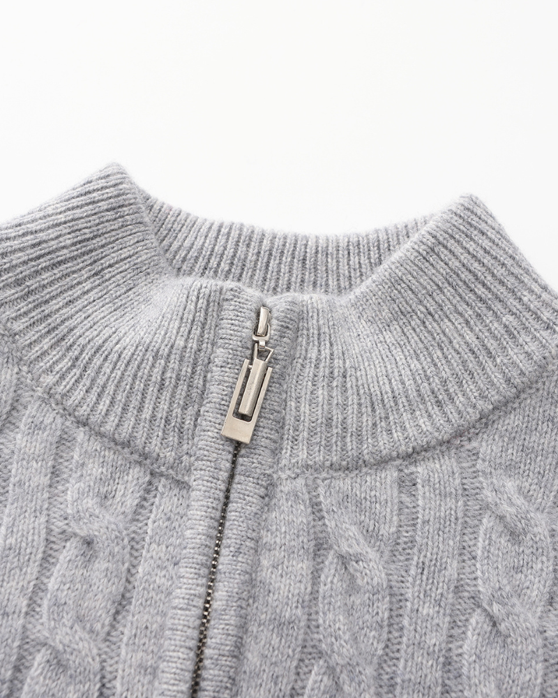 Roman | Chunky knit Herren Chasmere Pullover mit Kabelstrickmuster & Halb Reißverschluss Kragen
