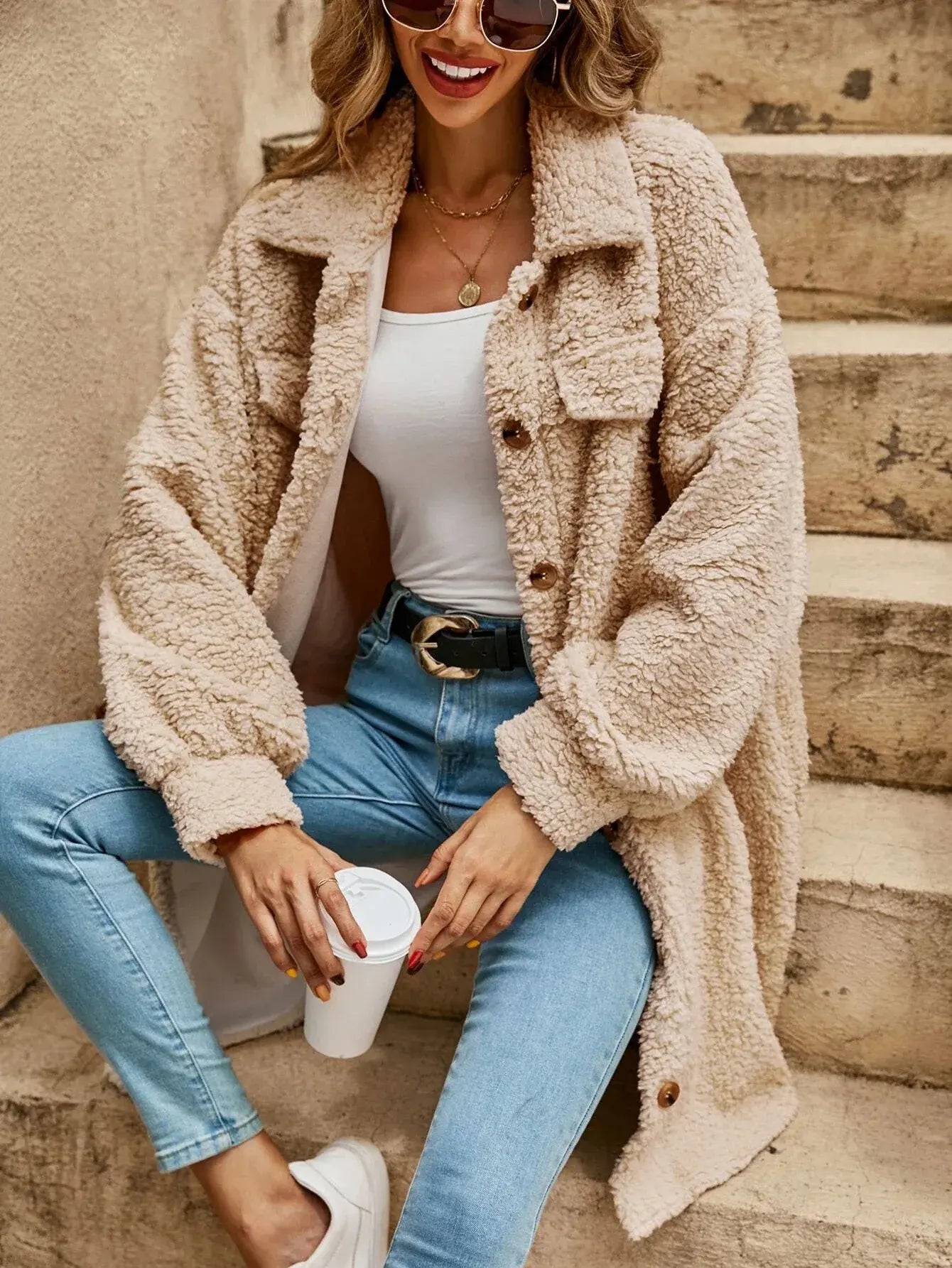 Halie | Bequeme Teddy-Jacke mit Knopfleiste & Brusttaschen