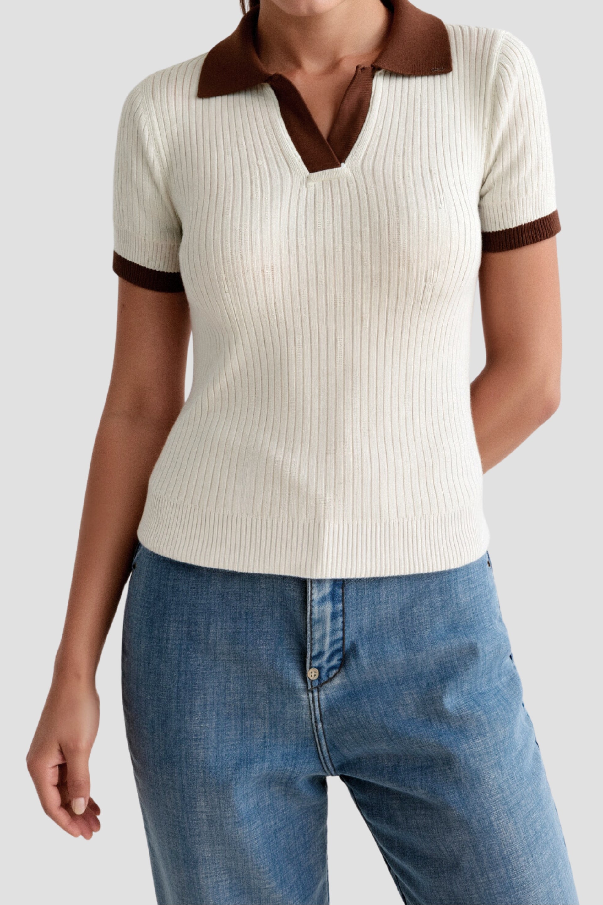 Lässiges Polo Farbe Block gekerbte Kragen gestrickt Top