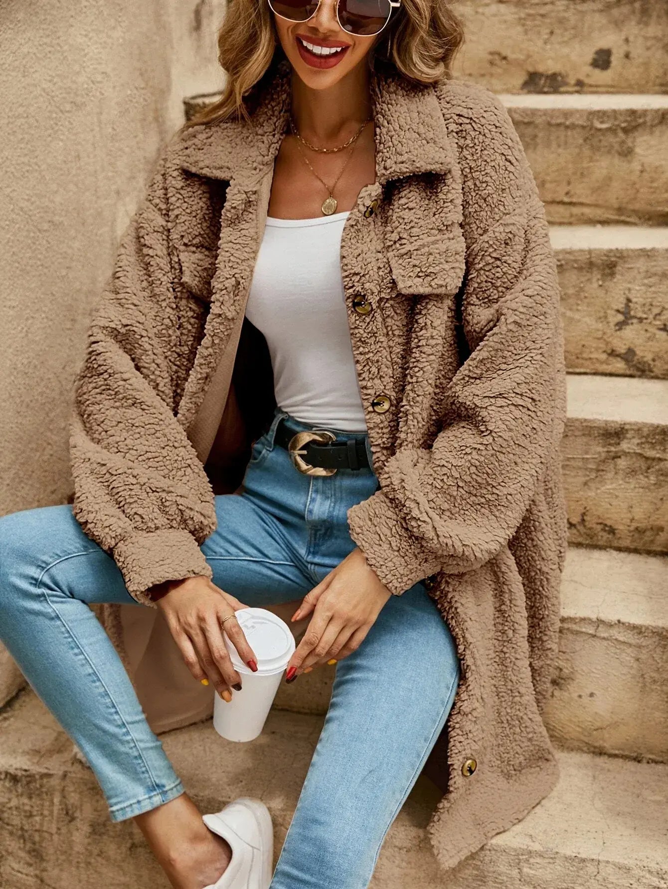 Halie | Bequeme Teddy-Jacke mit Knopfleiste & Brusttaschen
