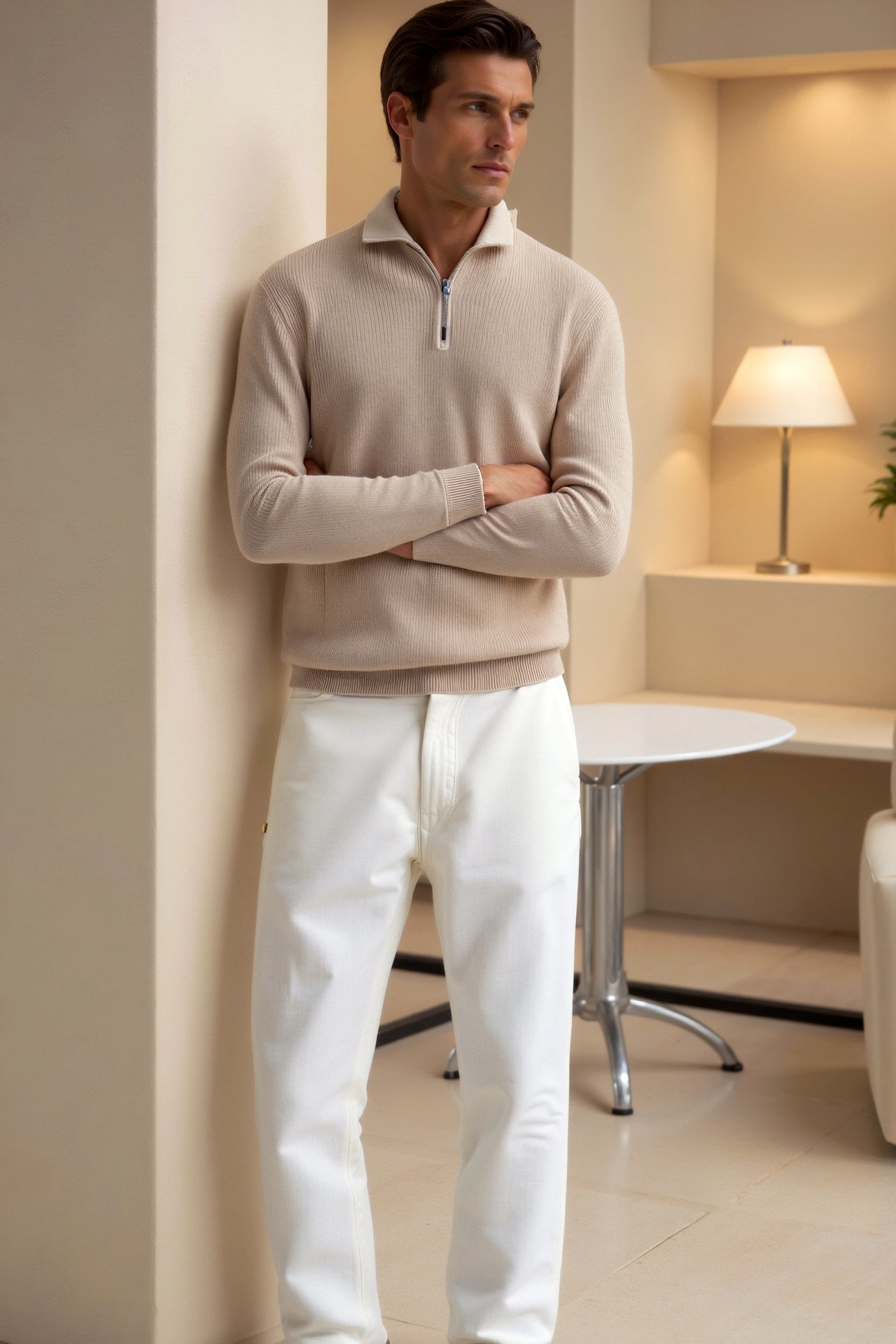 Klassischer Strickpullover mit Reißverschluss & Kontrastkragen