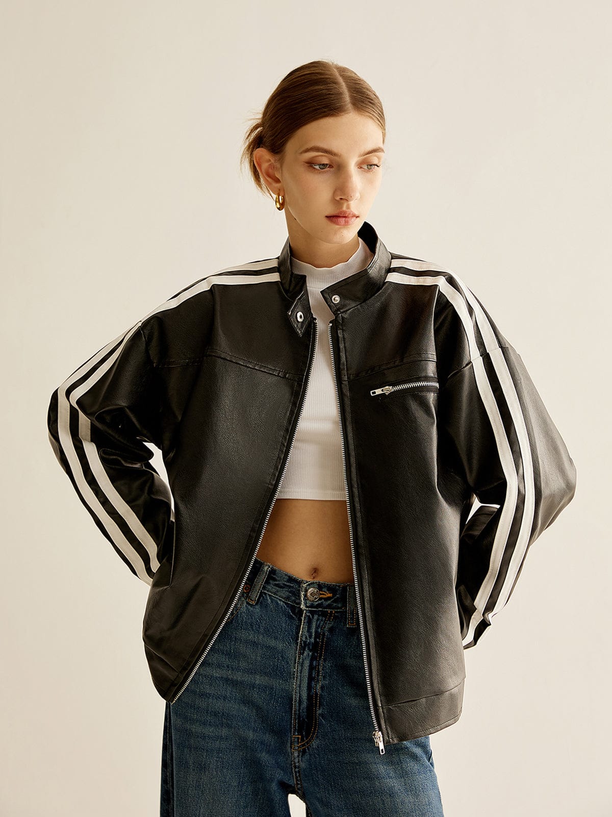 Noah | Schwarze Lederjacke mit Kontraststreifen
