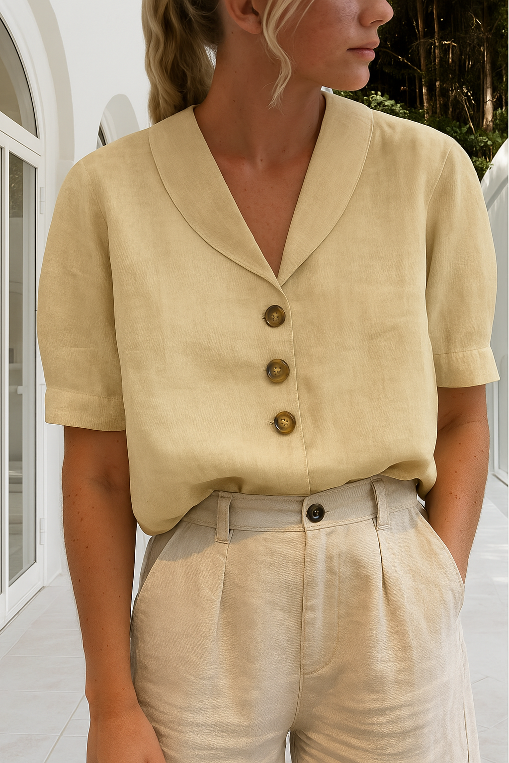 Leinenbluse mit kurzem Ärmel und Knopfleiste für Damen