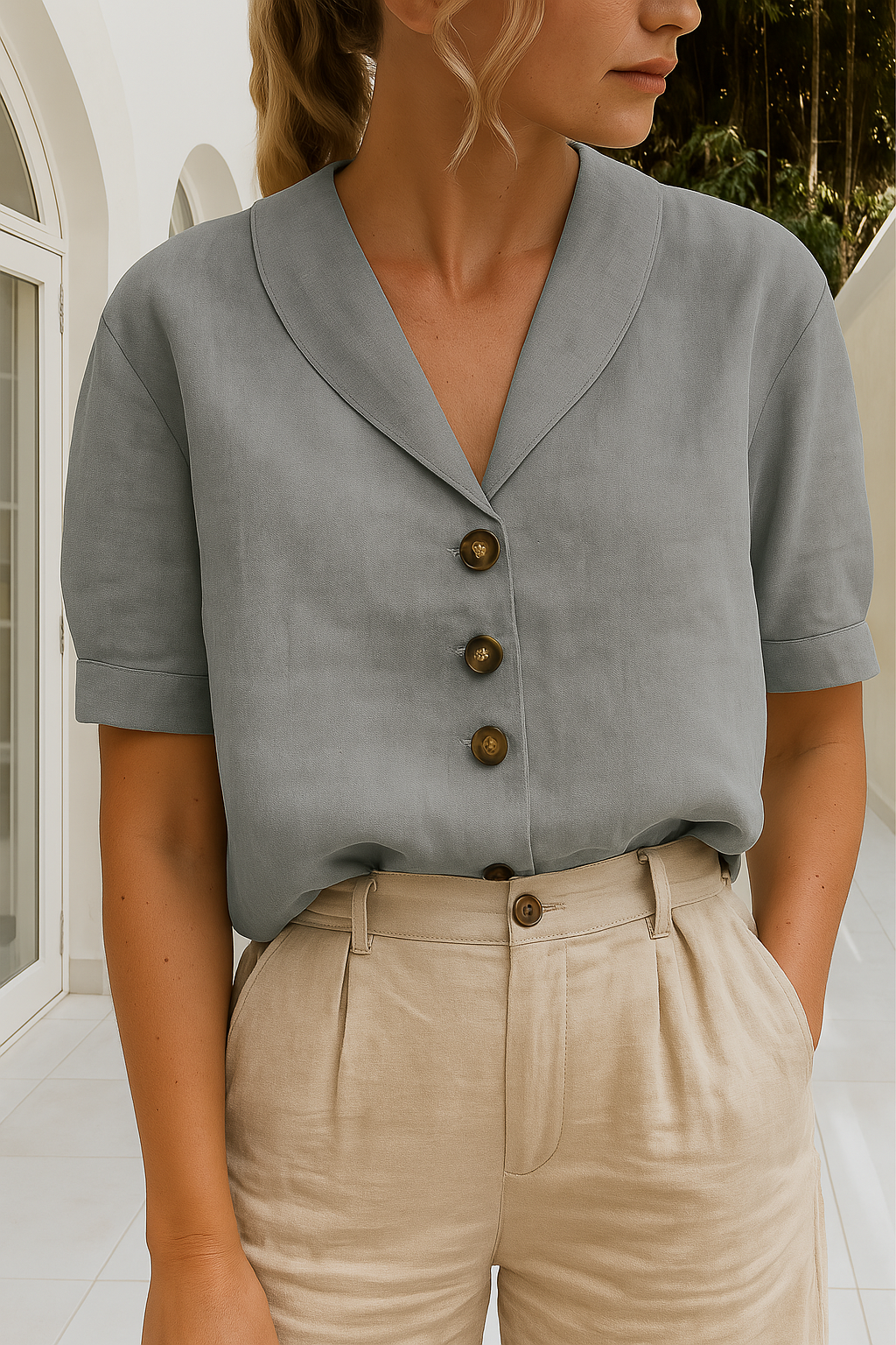 Leinenbluse mit kurzem Ärmel und Knopfleiste für Damen