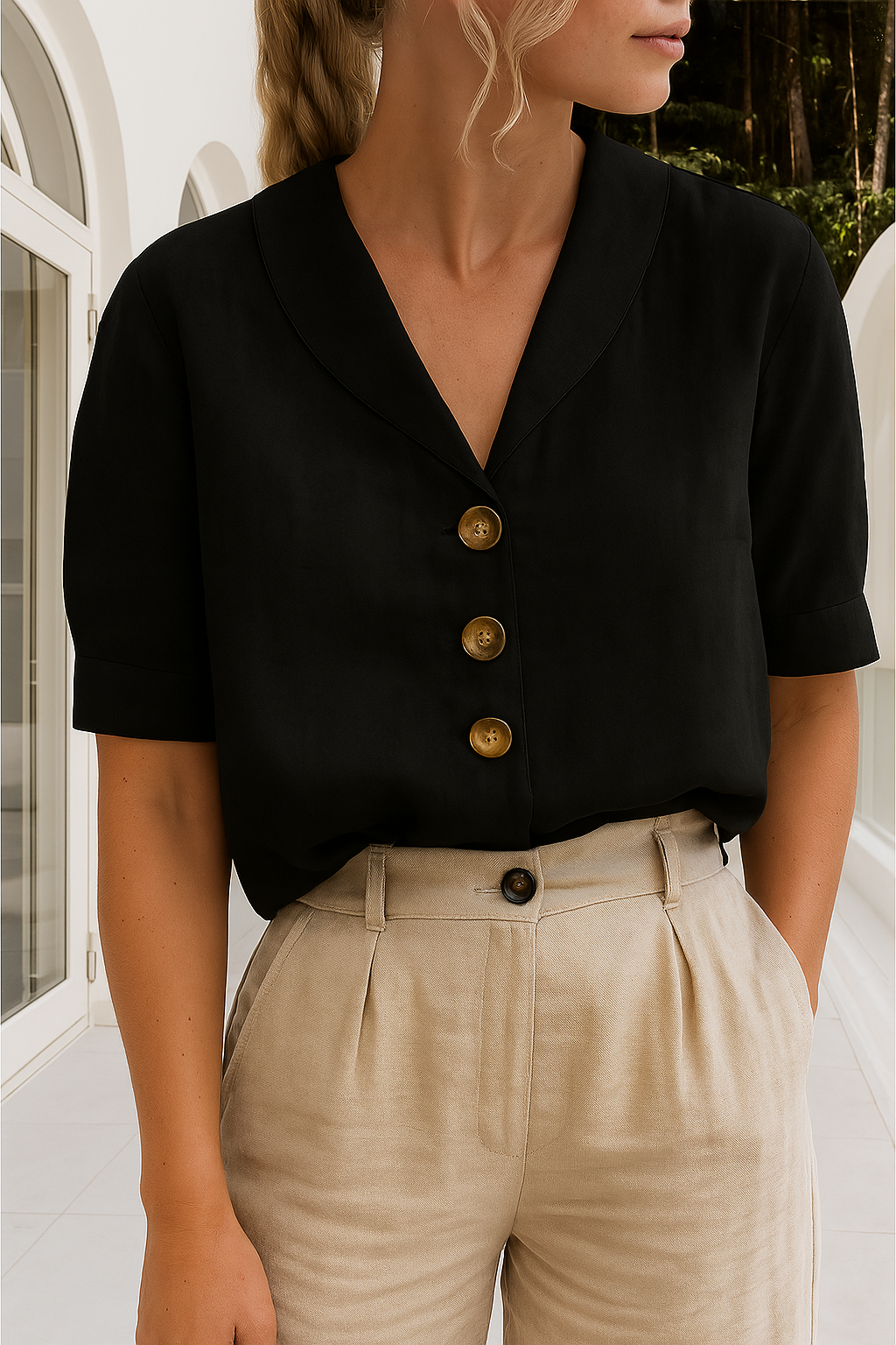 Leinenbluse mit kurzem Ärmel und Knopfleiste für Damen