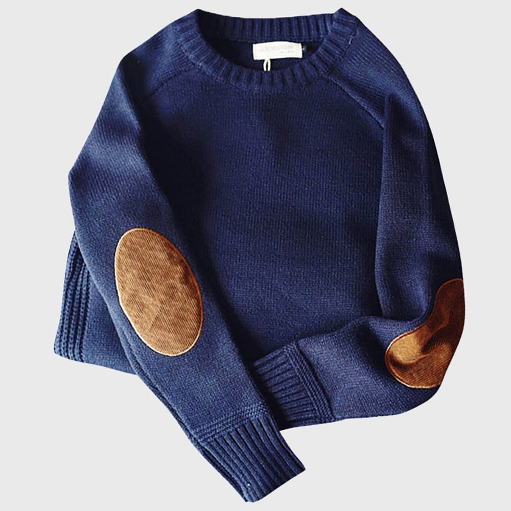 Modischer Rundhals Pullover mit Ellbogenbesatz – Stilvoller Strick für Alltag & Freizeit