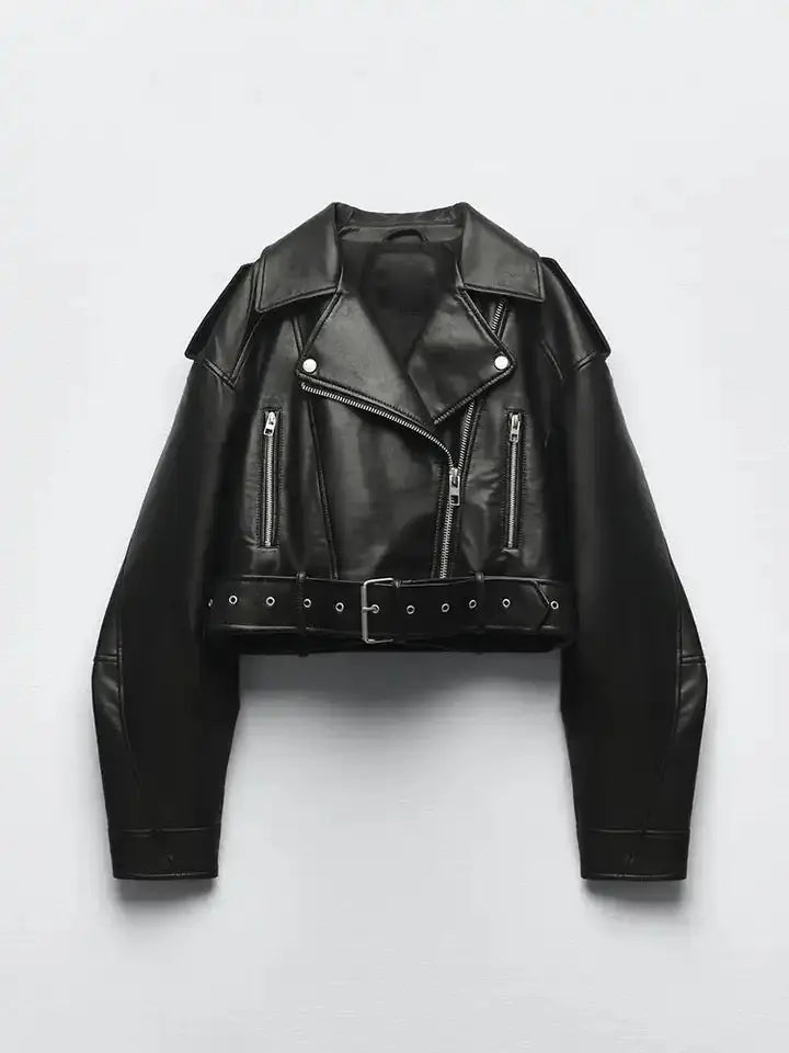 Jenne | Übergroße Cropped Bikerjacke aus Kunstleder mit Gürtel