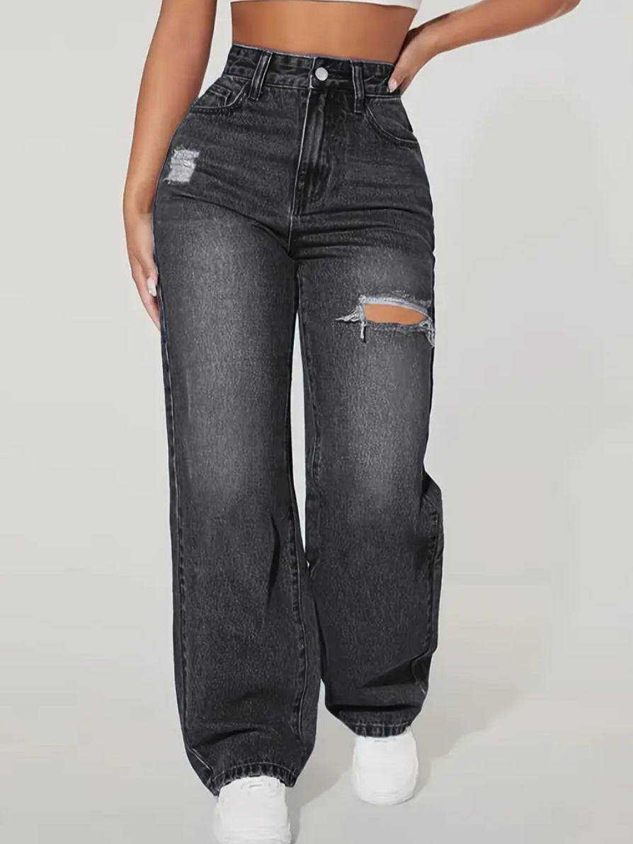 High-Waist Jeans mit Ripped-Details und geradem Bein – Trendiger Casual-Look