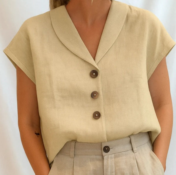 Leinenbluse mit kurzem Ärmel und Knopfleiste für Damen