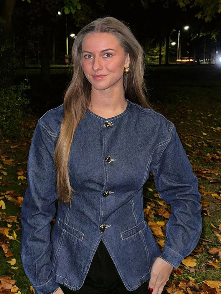 Damen-Denim-Set – Elegantes Tailliertes Jeansjacke & High-Waist Wide-Leg Hose