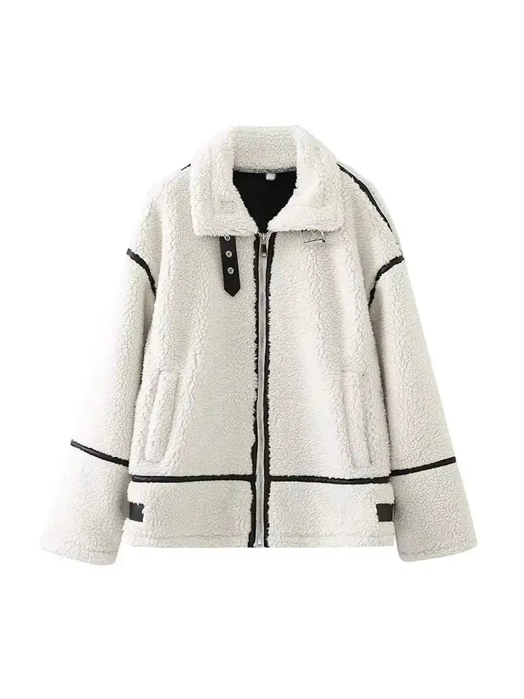 Dominique | Lässige Jacke mit Pelzkragen und Farbblockierung