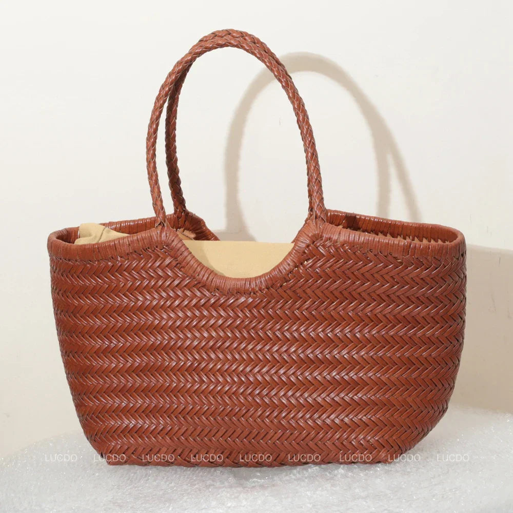 Echte Leder Schultertasche Weben Lässige Einkaufstasche
