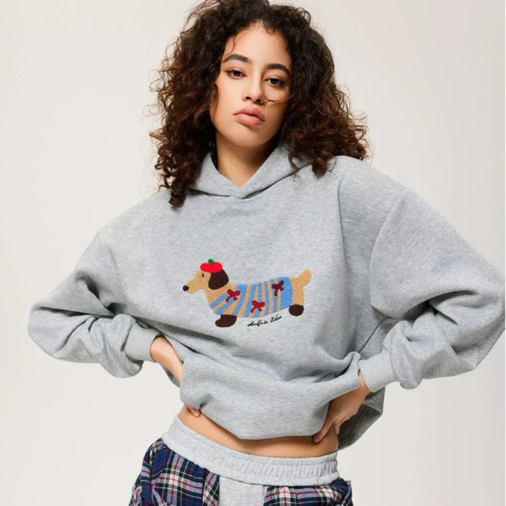 Unisex Oversize Hoodie mit Dackel-Stickerei und Kängurutasche