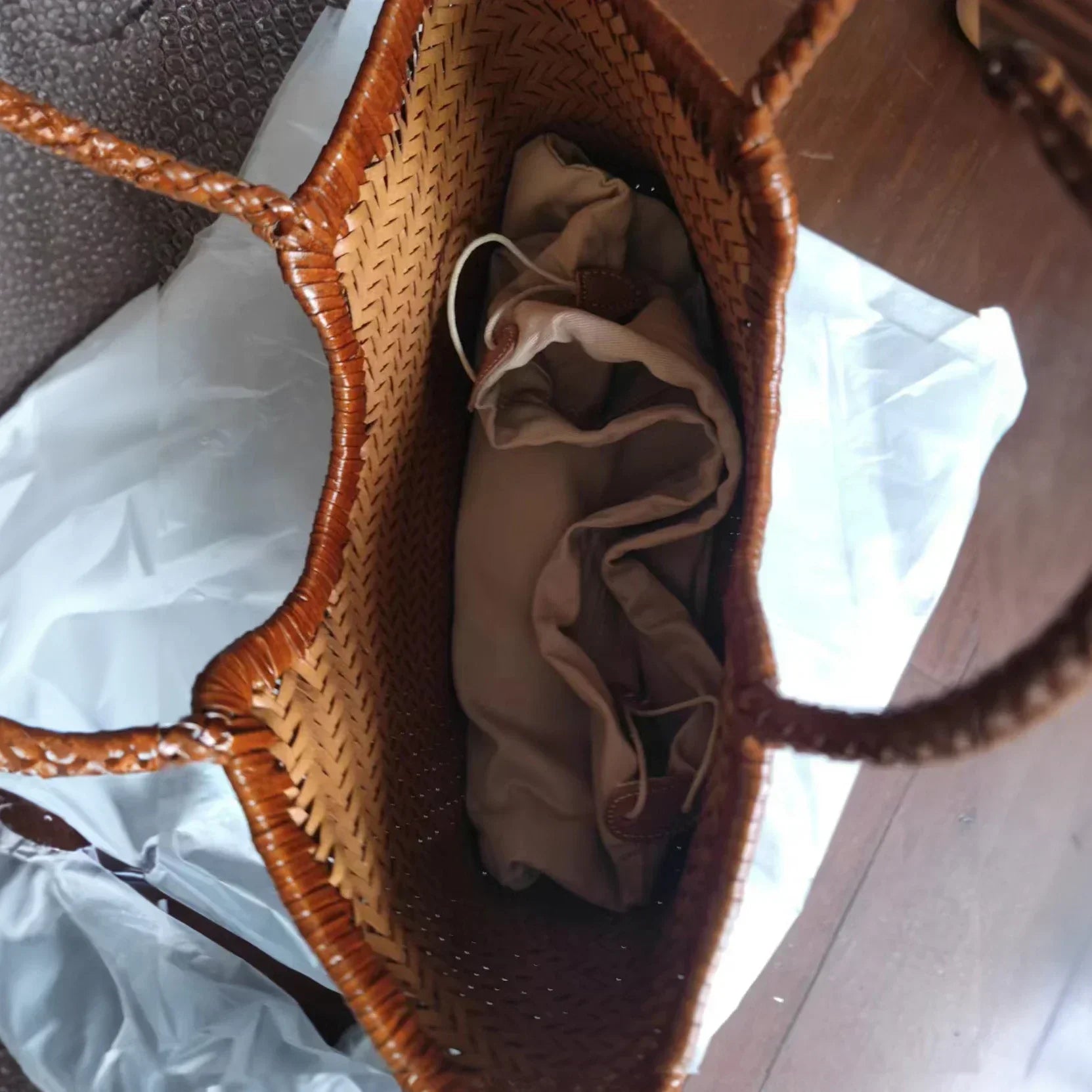 Echte Leder Schultertasche Weben Lässige Einkaufstasche