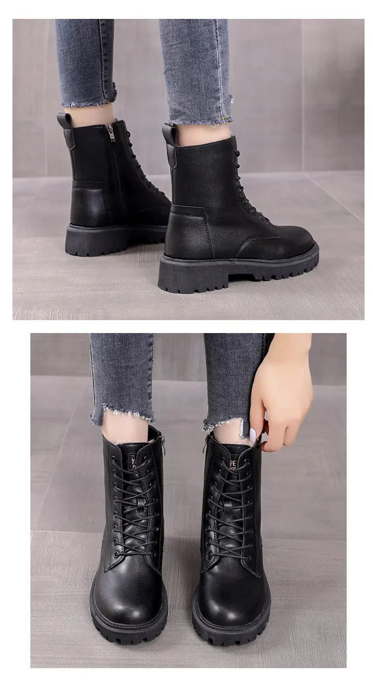 Lia | Schwarze Leder gefütterte Schnürboots mit Profilsohle