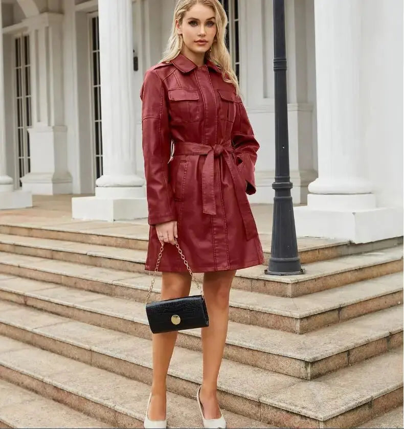 Jane | Krawatte Taille Lange Ärmel Kunstleder Hemdkleid
