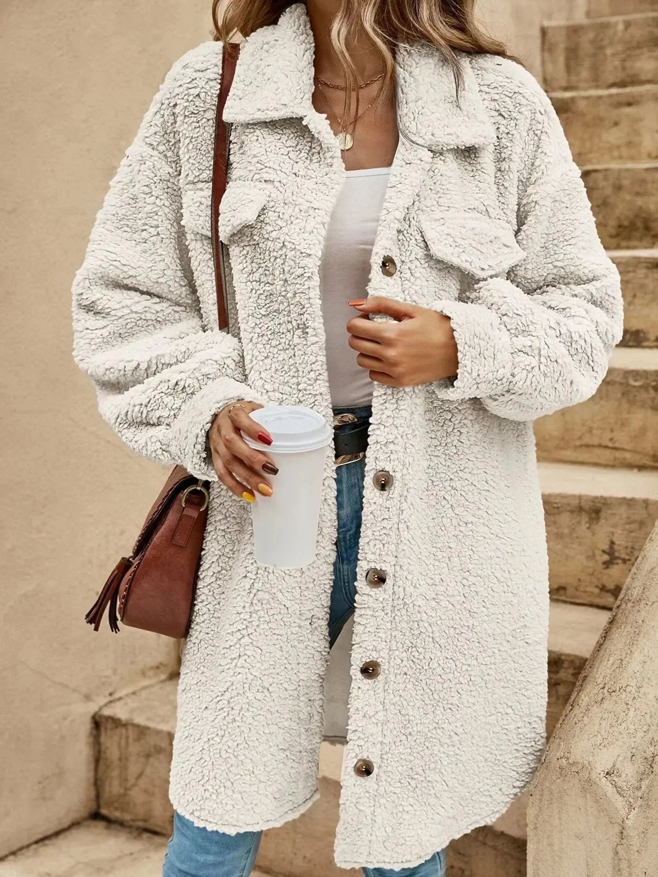 Halie | Bequeme Teddy-Jacke mit Knopfleiste & Brusttaschen