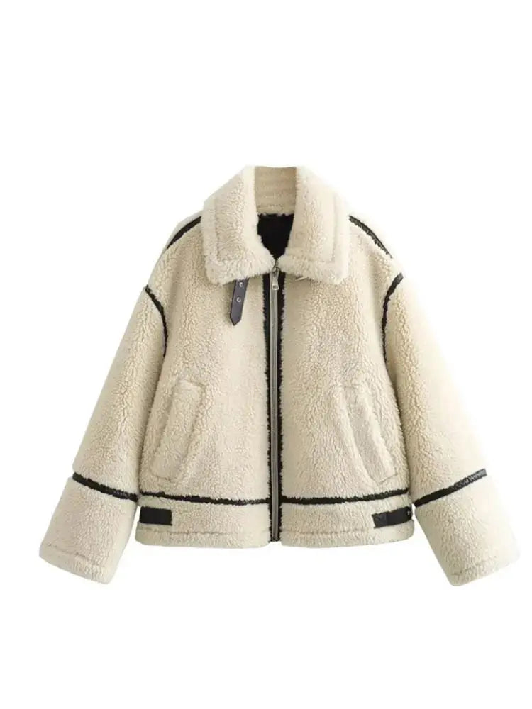 Dominique | Lässige Jacke mit Pelzkragen und Farbblockierung