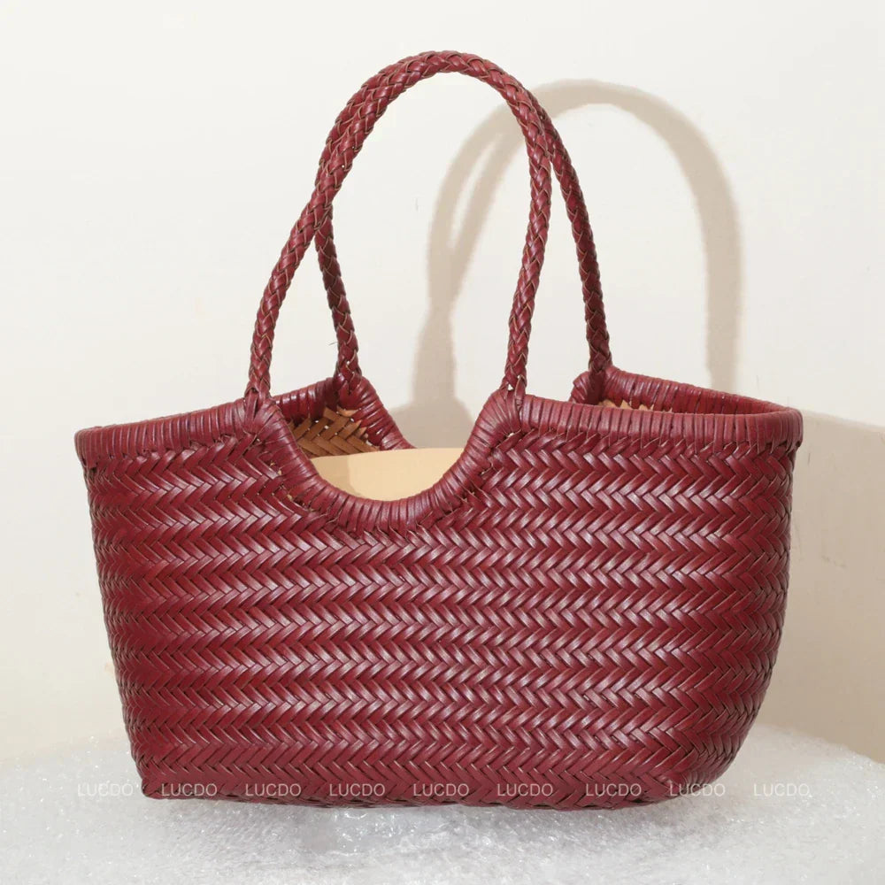 Echte Leder Schultertasche Weben Lässige Einkaufstasche