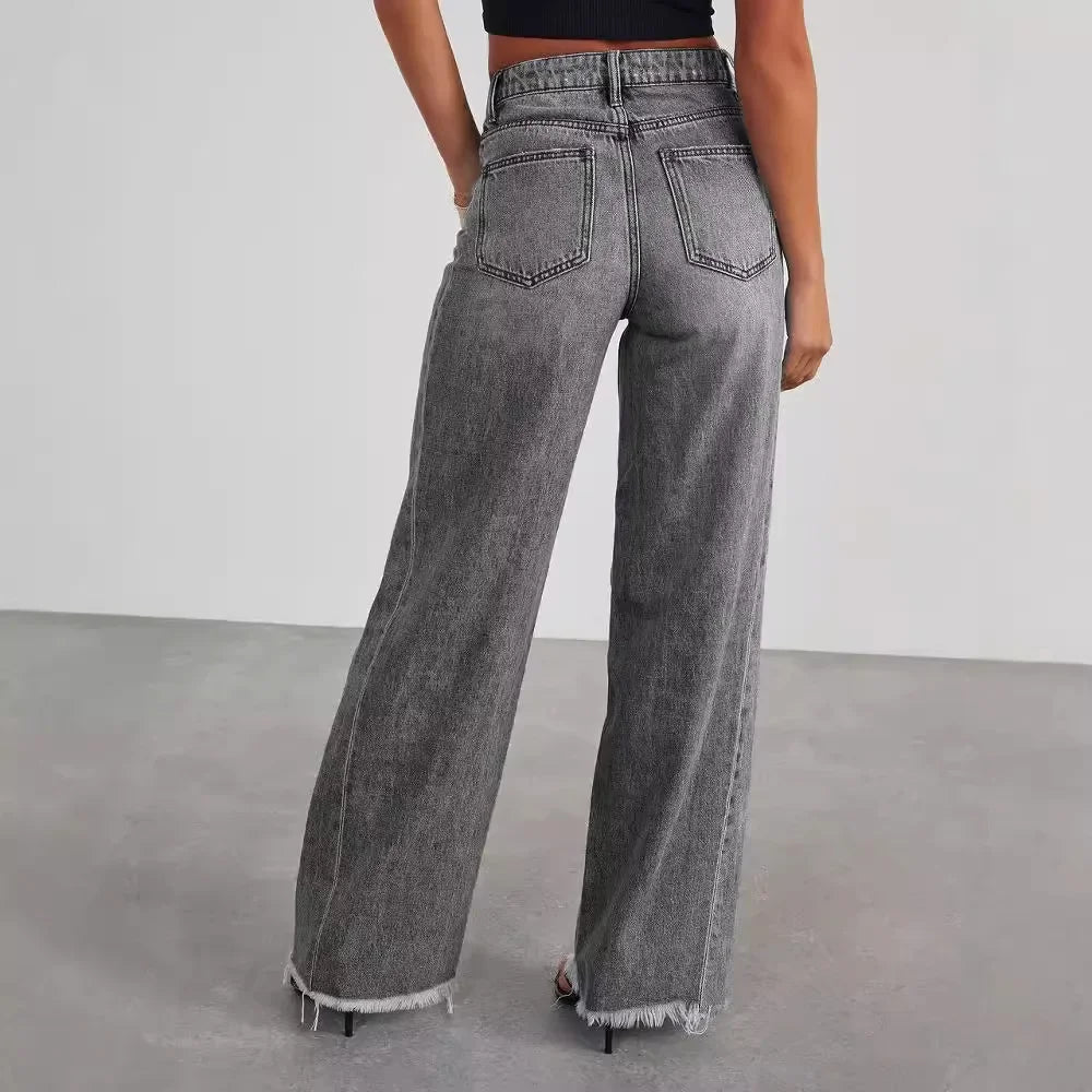 Damen-Weitbein-Jeans in Grau mit Raw-Hem
