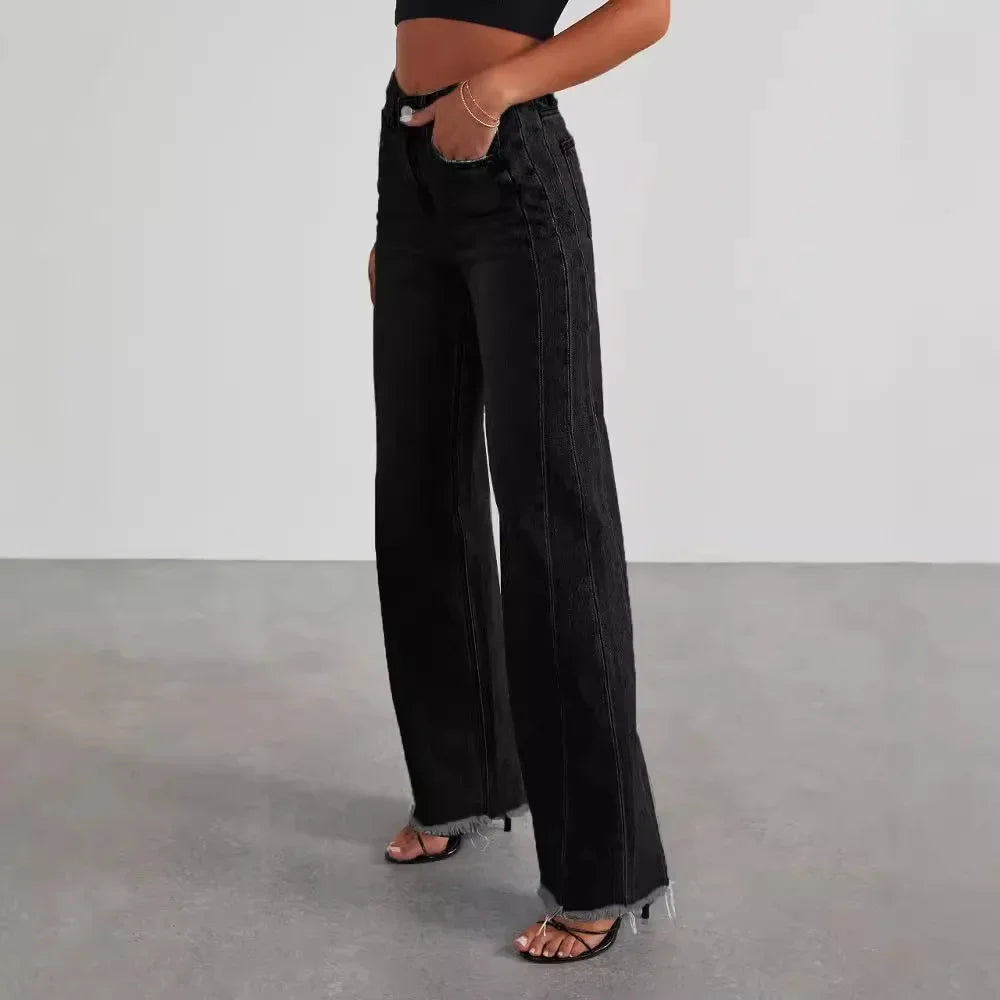 Damen-Weitbein-Jeans in Grau mit Raw-Hem