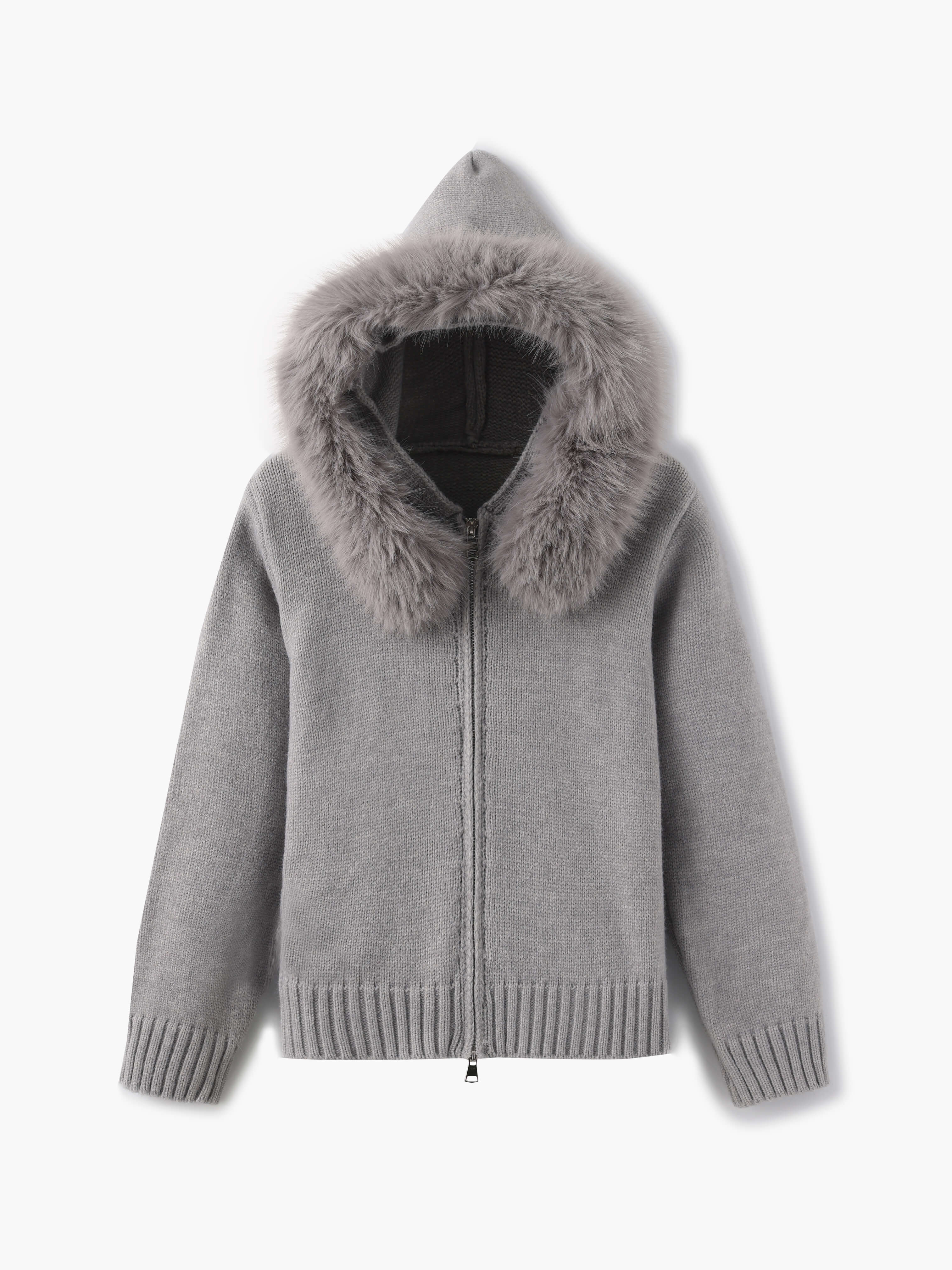 Damen Strickjacke Grau mit Kapuze und Kunstpelz – Warme Winterjacke