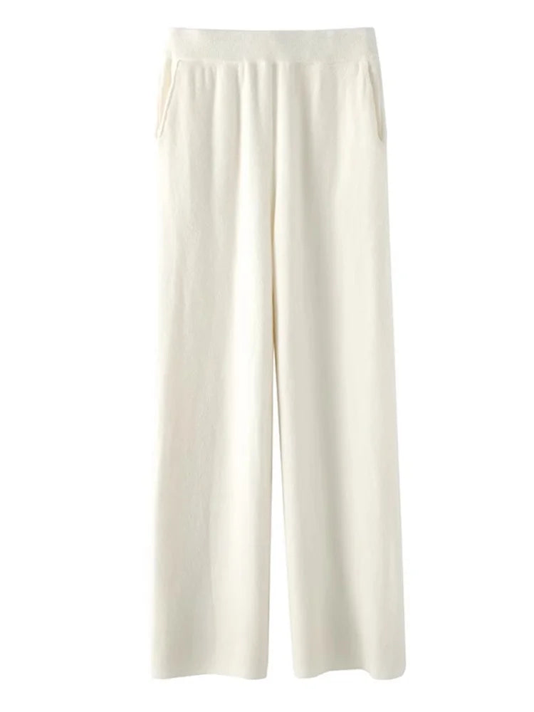 Elegante Feinstrickhose mit Hohem Bund und Weitem Bein – Luxuriöser Komfort für Alltag und Freizeit