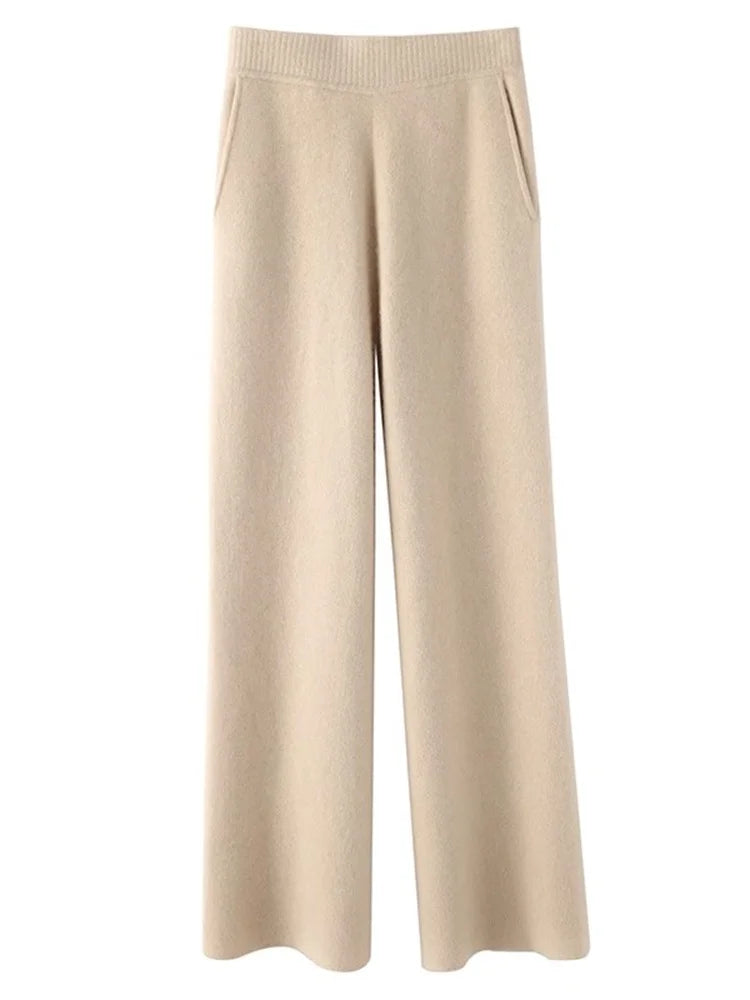 Elegante Feinstrickhose mit Hohem Bund und Weitem Bein – Luxuriöser Komfort für Alltag und Freizeit