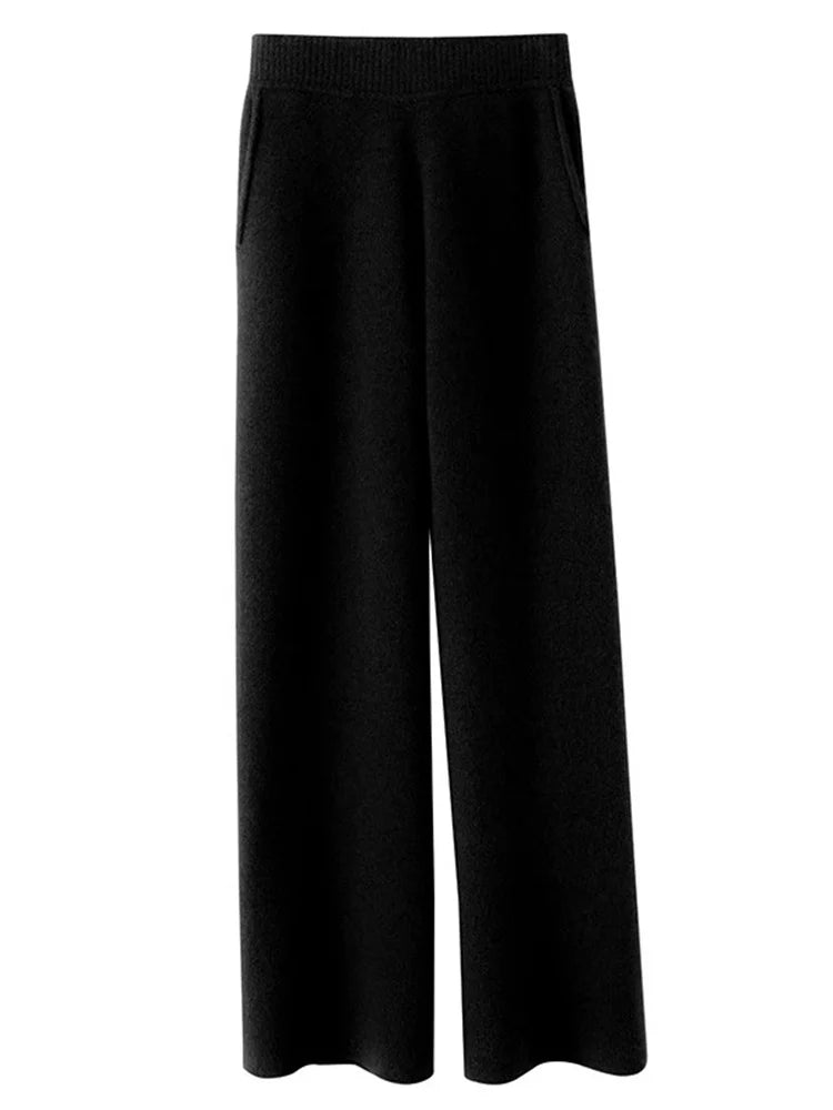 Elegante Feinstrickhose mit Hohem Bund und Weitem Bein – Luxuriöser Komfort für Alltag und Freizeit