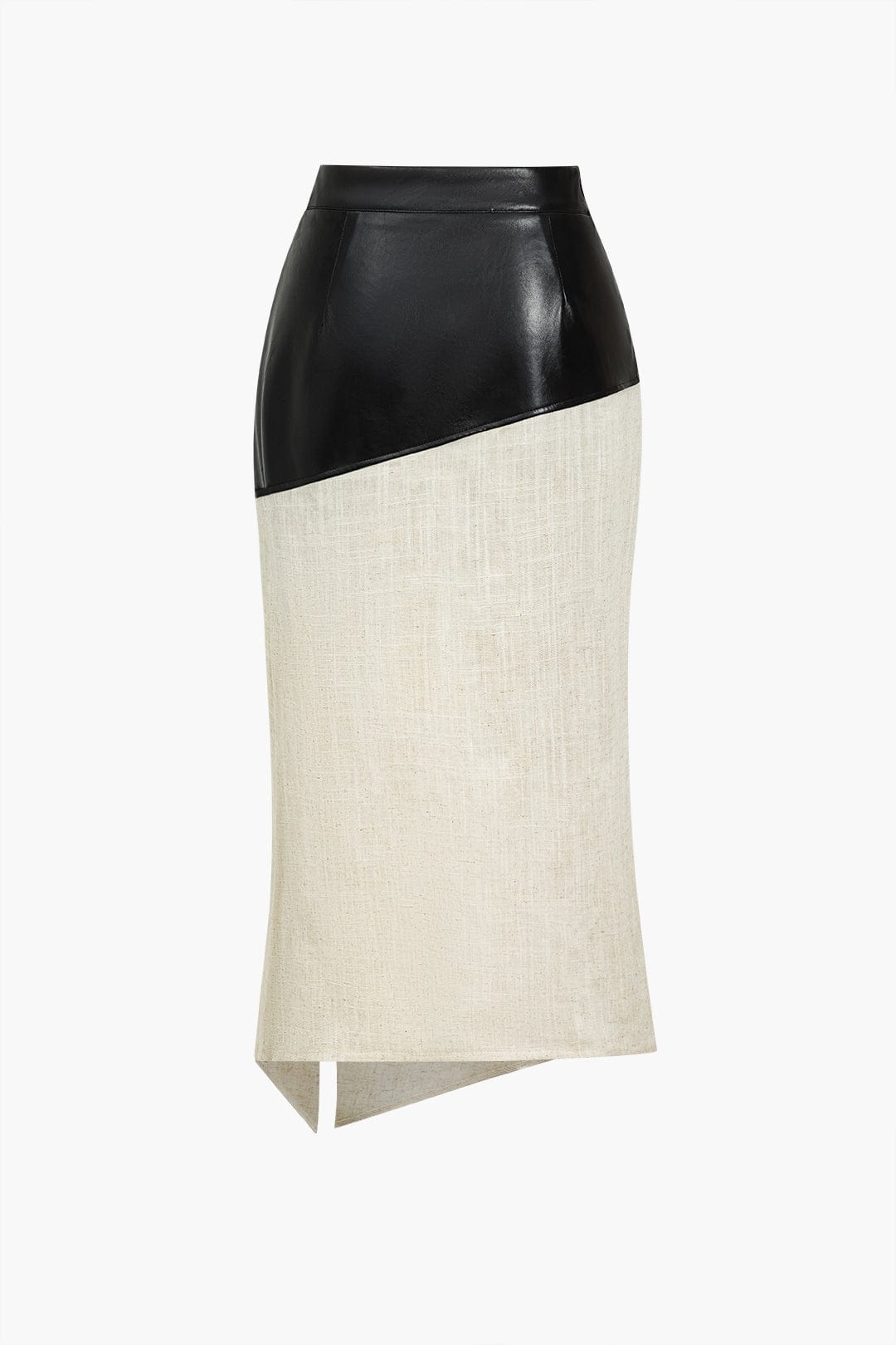 Danica | Eleganter Midirock mit asymmetrischem Kunstleder und Leinen-Design