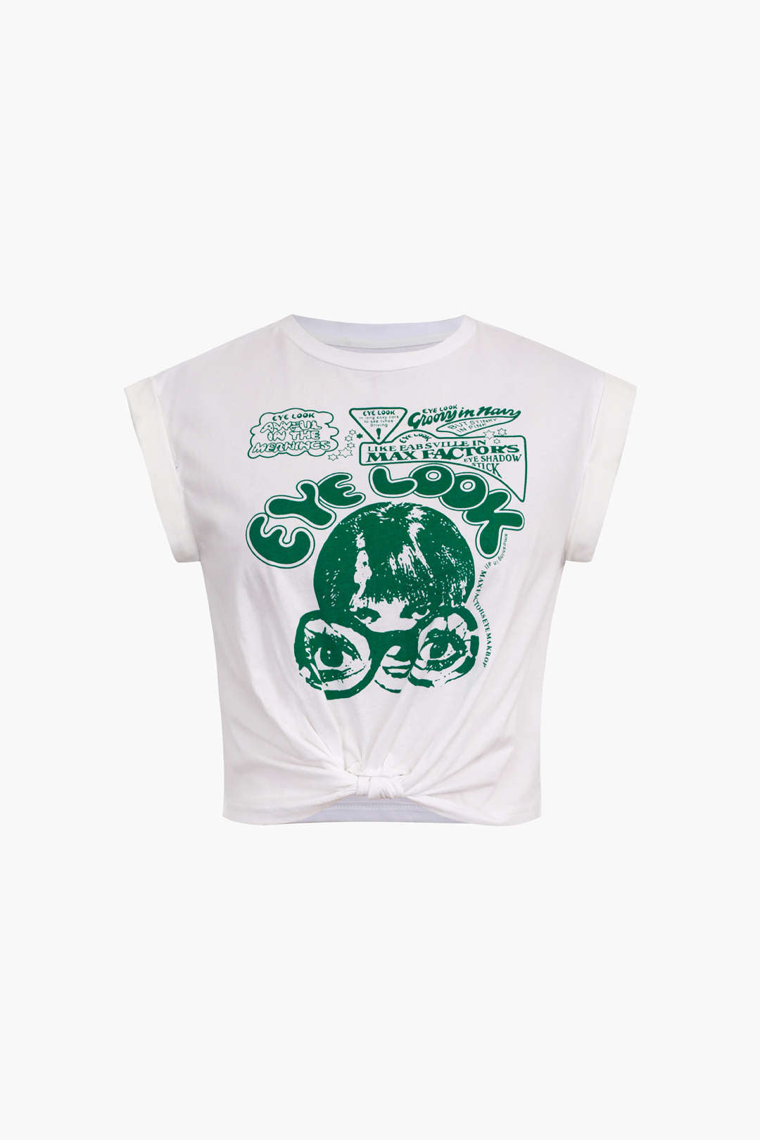 Gracelyn | Hochgekrempelte Ärmel EYE LOOK Grafikdruck Crop-T-Shirt mit Knotendetail