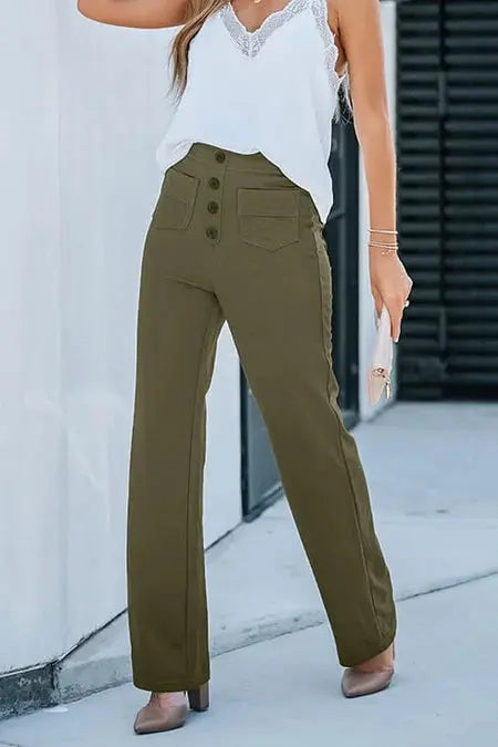 Hannah | Weitem Bein Hochtaillierte Hose Mit Vorne aufgesetzten Taschen