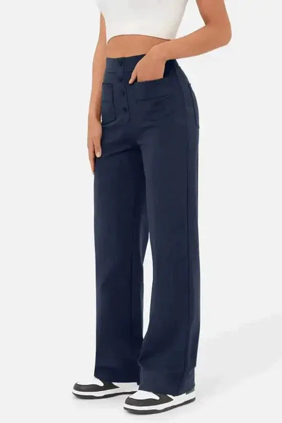 Hannah | Weitem Bein Hochtaillierte Hose Mit Vorne aufgesetzten Taschen