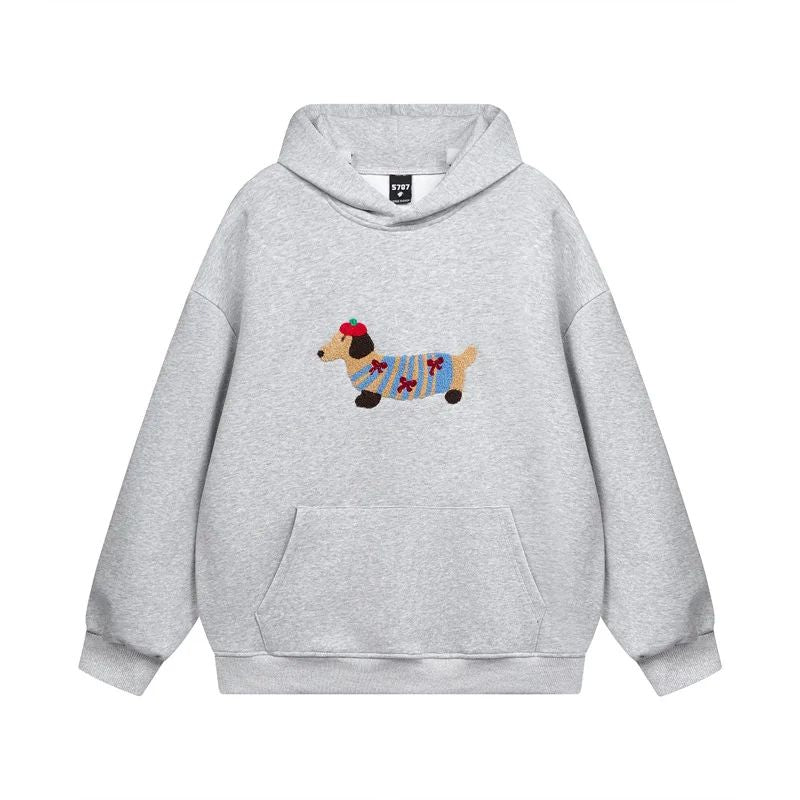 Unisex Oversize Hoodie mit Dackel-Stickerei und Kängurutasche