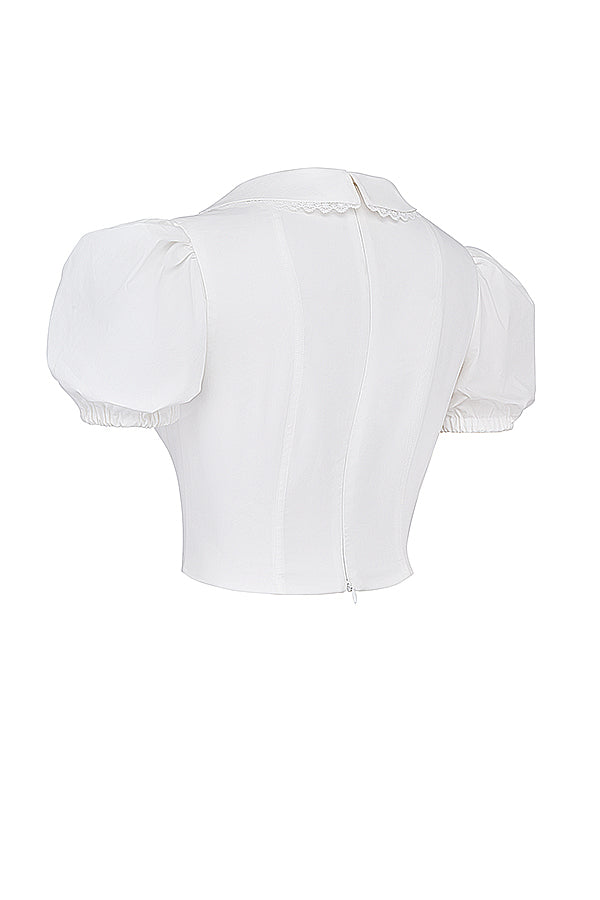 Gertrud | Elegantes Weißes Korsett-Top mit Puffärmeln und Wellensaum-Kragen