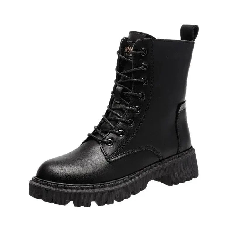 Lia | Schwarze Leder gefütterte Schnürboots mit Profilsohle